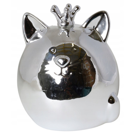 SKARBONKA CERAMICZNA KOT Z KORONĄ SREBRNY 15 cm