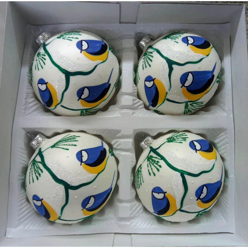 4 SZT BOMBKI CHOINKOWE SZKLANE PL SIKORKI RĘCZNIE MALOWANE PRL KOLOROWE