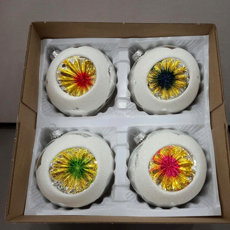 4 SZT BOMBKI CHOINKOWE SZKLANE PL REFLEKTORY RĘCZNIE MALOWANE PRL KOLOROWE