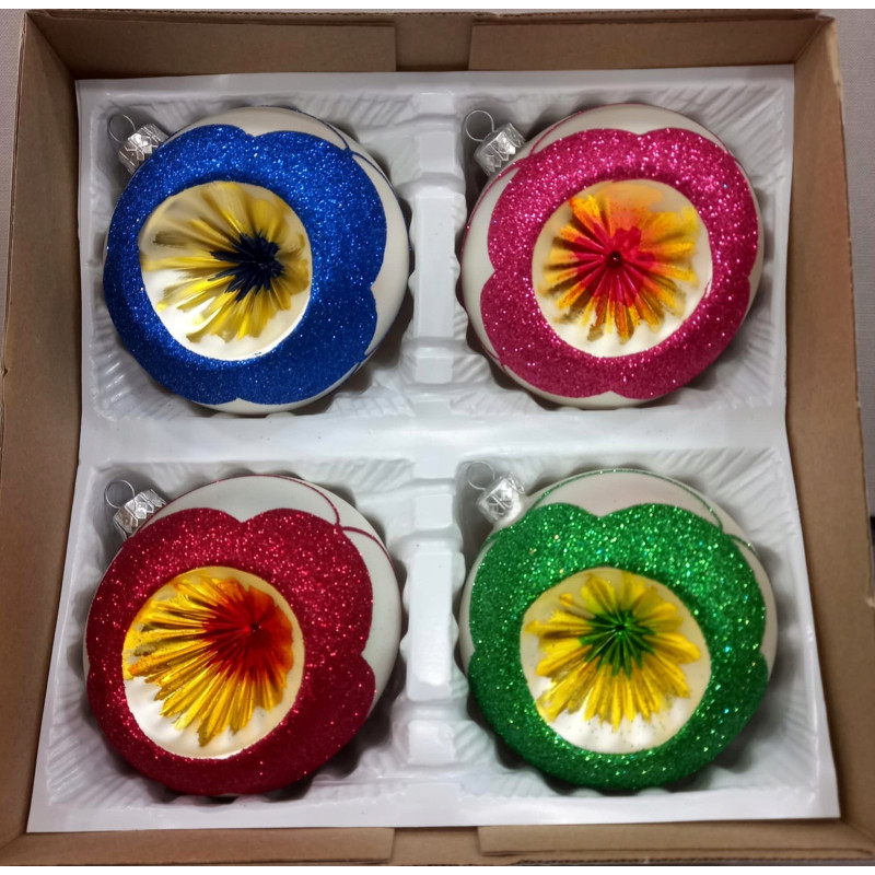 4 SZT BOMBKI CHOINKOWE SZKLANE PL REFLEKTORY RĘCZNIE MALOWANE PRL KOLOROWE