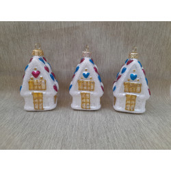 BOMBKI CHOINKOWE KSZTAŁTY POLSKIE SZKLANE 3 SZT 10 CM DOMKI W SERDUSZKA
