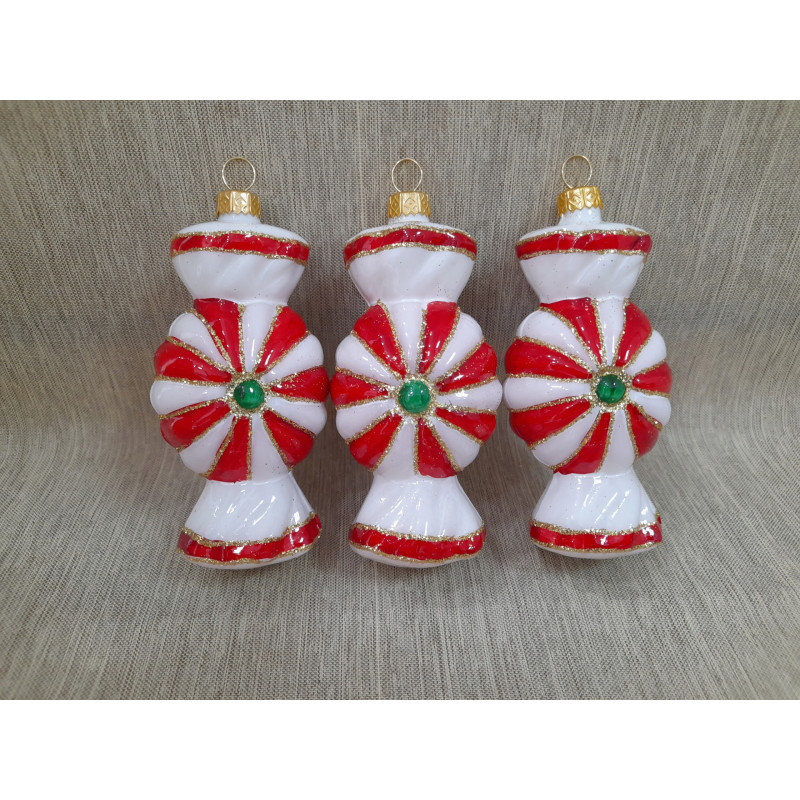 BOMBKI CHOINKOWE KSZTAŁTY POLSKIE SZKLANE 3 SZT 10 CM SŁODYCZE CUKIERKI