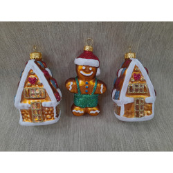 BOMBKI CHOINKOWE KSZTAŁTY POLSKIE SZKLANE 3 SZT 10 CM DOMKI PIERNIK