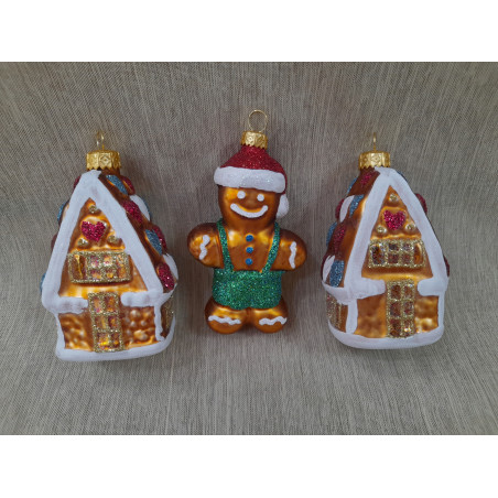 BOMBKI CHOINKOWE KSZTAŁTY POLSKIE SZKLANE 3 SZT 10 CM DOMKI PIERNIK