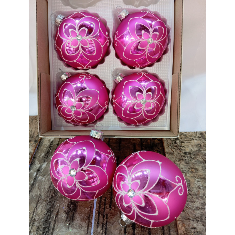 ZESTAW 6 BOMBKI CHOINKOWE POLSKIE SZKLANE 8 CM KWIAT FUKSJA RÓŻ