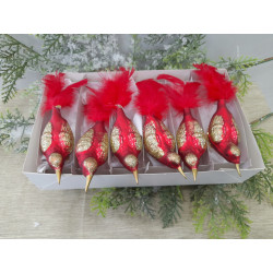 SZKLANE BOMBKI CHOINKOWE PTASZKI 6SZT CZERWONE ZŁOTE ZDOBIENIA