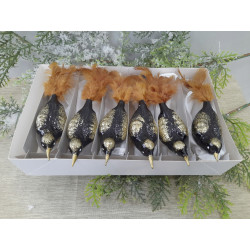 SZKLANE BOMBKI CHOINKOWE PTASZKI 6SZT CZARNE BŁYSZCZĄCE ZŁOTE ZDOBIENIA