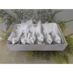 SZKLANE BOMBKI CHOINKOWE PTASZKI 6SZT BIAŁE ZE SREBRNYMI ZDOBIENIAMI