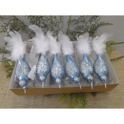 SZKLANE BOMBKI CHOINKOWE PTASZKI 6SZT BŁĘKITNE NIEBIESKIE BIAŁE OGONKI