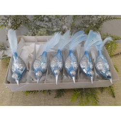 SZKLANE BOMBKI CHOINKOWE PTASZKI 6SZT BŁĘKITNE NIEBIESKIE OGONKI