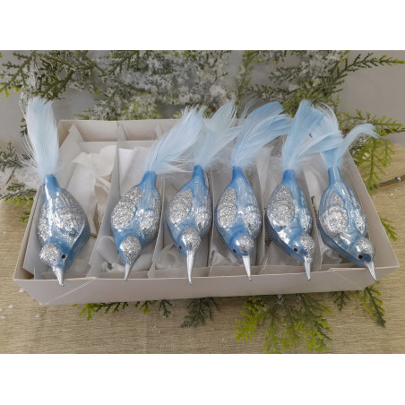 SZKLANE BOMBKI CHOINKOWE PTASZKI 6SZT BŁĘKITNE NIEBIESKIE OGONKI