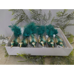 SZKLANE BOMBKI CHOINKOWE PTASZKI 6SZT CIEMNO ZIELONE ZE ZŁOTYMI ZDOBIENIAMI