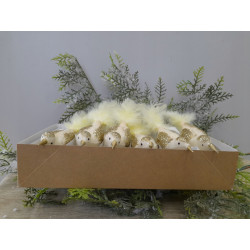 SZKLANE BOMBKI CHOINKOWE PTASZKI 6 SZT KREMOWE ZE ZŁOTYMI ZDOBIENIAMI