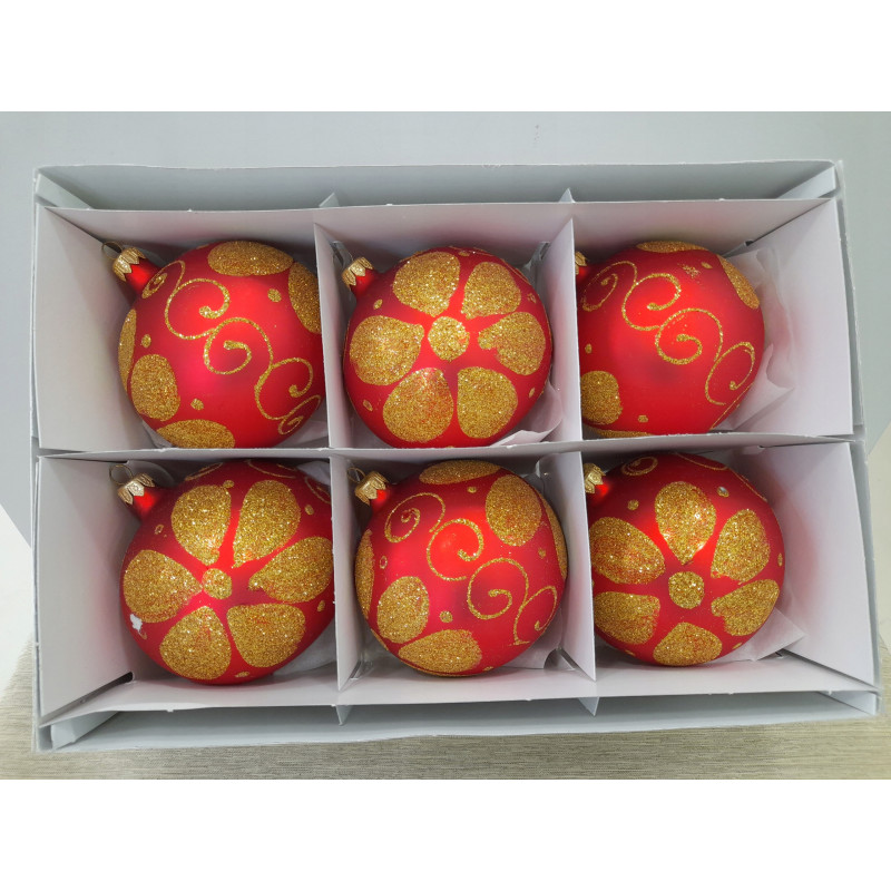 ZESTAW 6 BOMBEK CHOINKOWYCH POLSKIE SZKLANE 11 CM CZERWONE MATOWE ZŁOTE