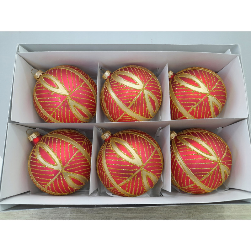 ZESTAW 6 BOMBEK CHOINKOWYCH POLSKIE SZKLANE 11 CM CZERWONE MATOWE ZŁOTE