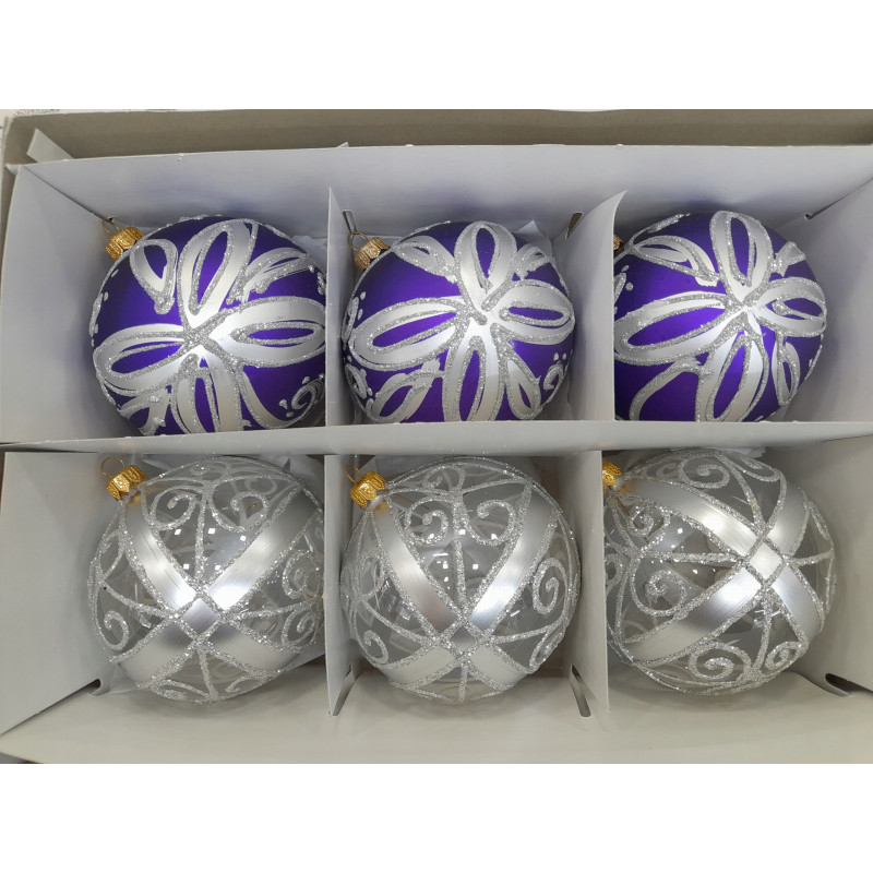 ZESTAW 6 BOMBEK CHOINKOWYCH POLSKIE SZKLANE 11 CM MIX FIOLET SREBRO