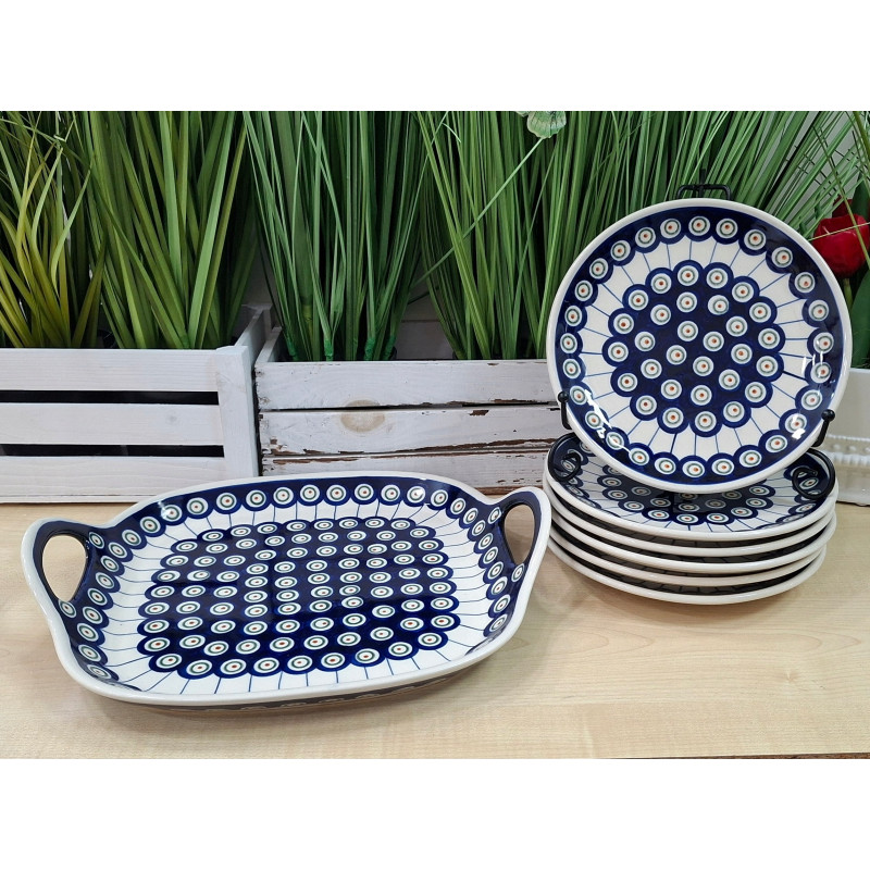 BOLESŁAWIEC ZESTAW DESEROWY TALERZE Z TACĄ Z USZAMI 6 OSÓB 7 EL 1334 DEK 8