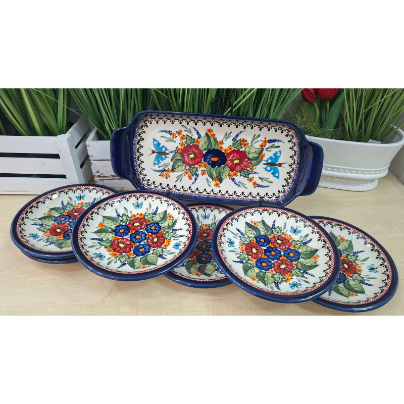 BOLESŁAWIEC ZESTAW DO CIASTA TALERZYKI 175 CM TACA 6 OSÓB 7 EL DEK 149