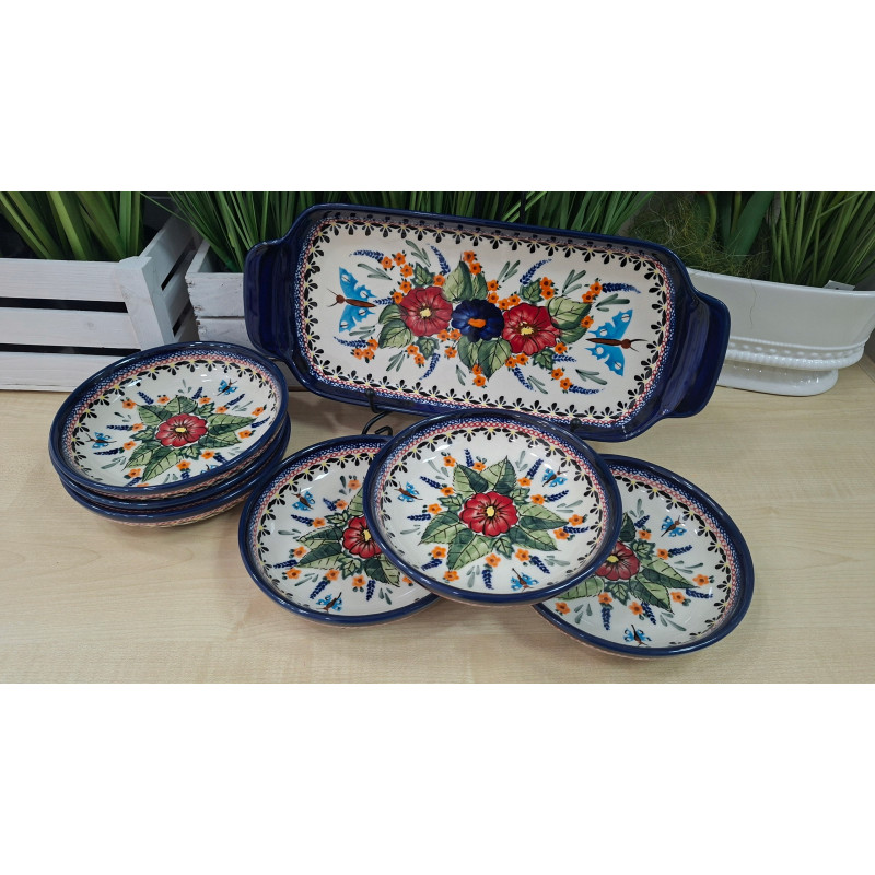 BOLESŁAWIEC ZESTAW DO CIASTA TACA TALERZYKI 158 CM 6 OSÓB 7 EL DEK 149