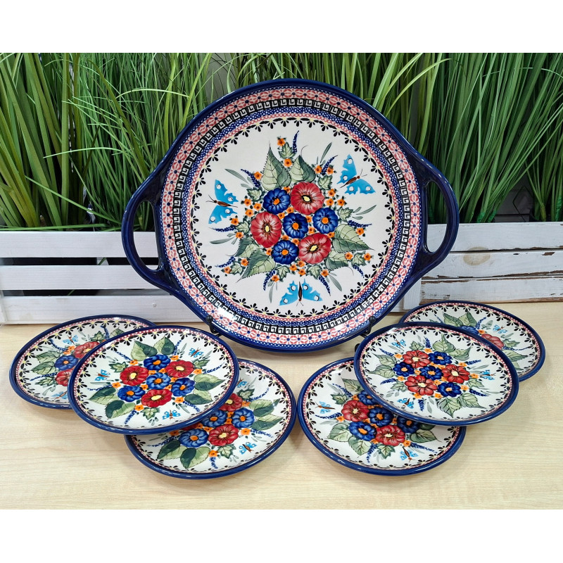 BOLESŁAWIEC ZESTAW DO CIASTA TACA TALERZYKI 6 OSÓB 7 EL DEK 149