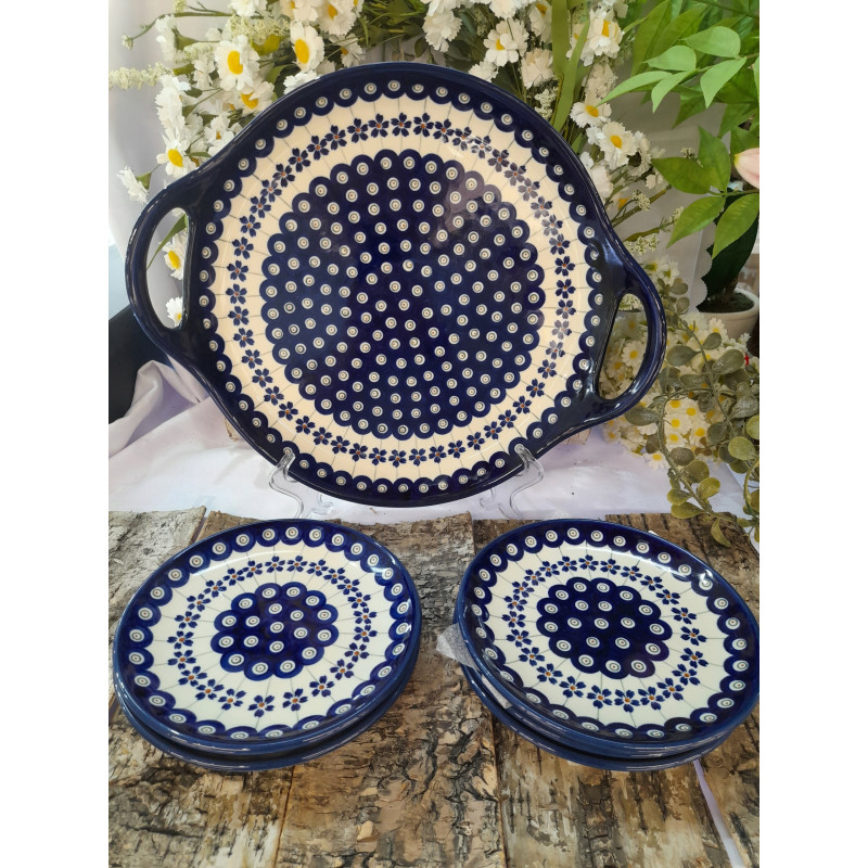 BOLESŁAWIEC ZESTAW deserowy DO CIASTA Z TACĄ OKRĄGŁĄ z uszami 7 EL DEK 166