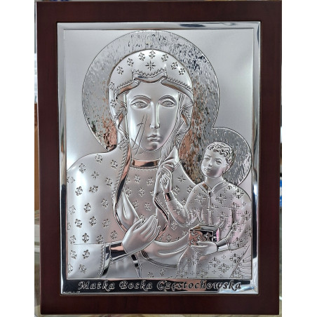 OBRAZ OBRAZEK SREBRNY MATKA BOSKA CZĘSTOCHOWSKA W BRĄZOWEJ RAMIE 21x27cm