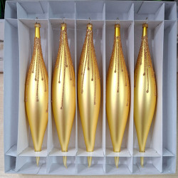 BOMBKI SZKLANE POLSKIE SOPLE SOPEL 5SZT 19CM MATOWE ZŁOTE Z BROKATEM