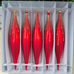 BOMBKI SZKLANE POLSKIE SOPLE SOPEL 5SZT 19CM MATOWE CZERWONE ZE ZŁOTEM